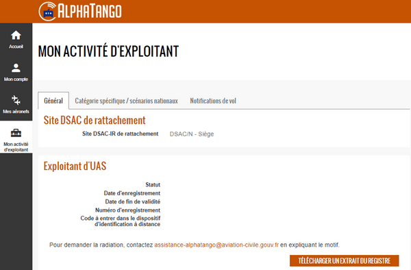 Fiche d'activité exploitant sur AlphaTango